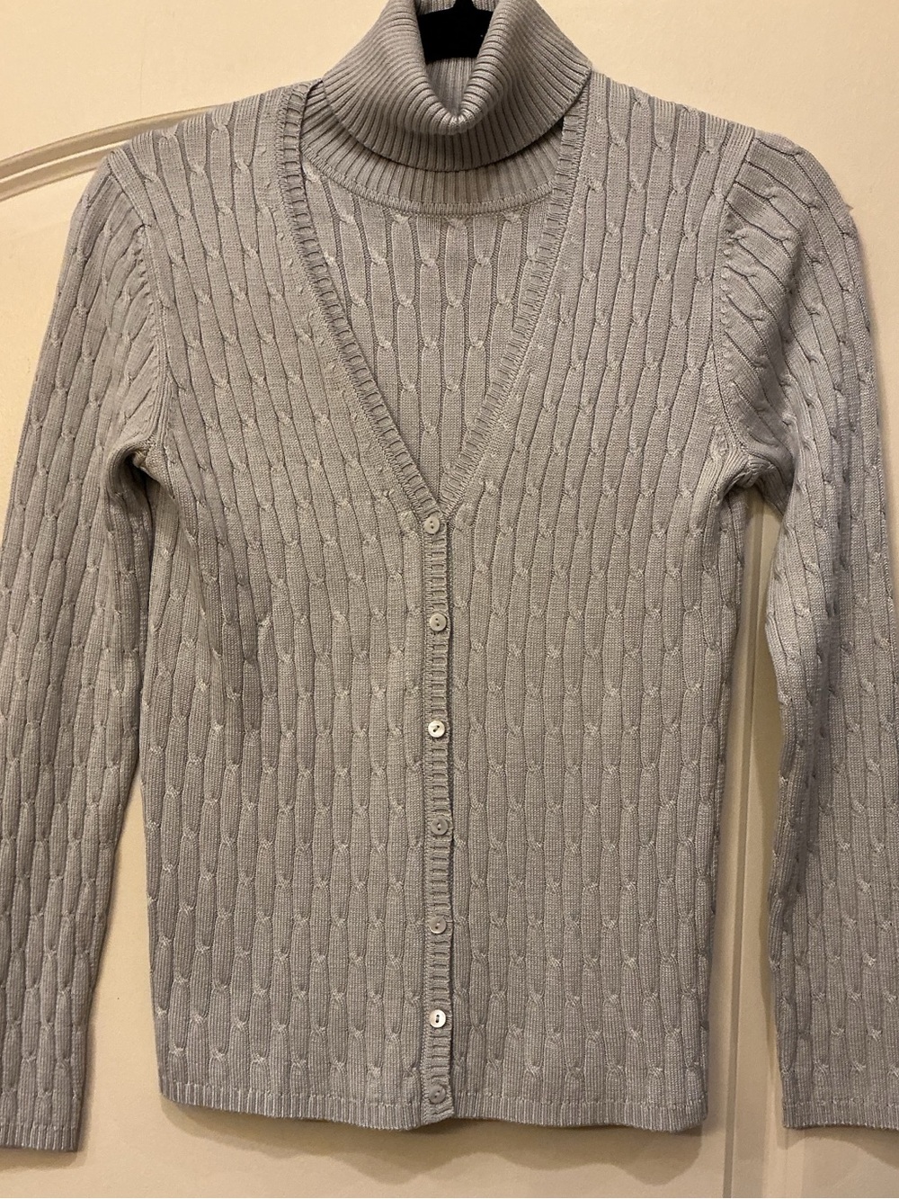 Neiman Marcus Silk Cable Knit Sweater Cardigan/Turtleneck Set Gray/Ice Blue S